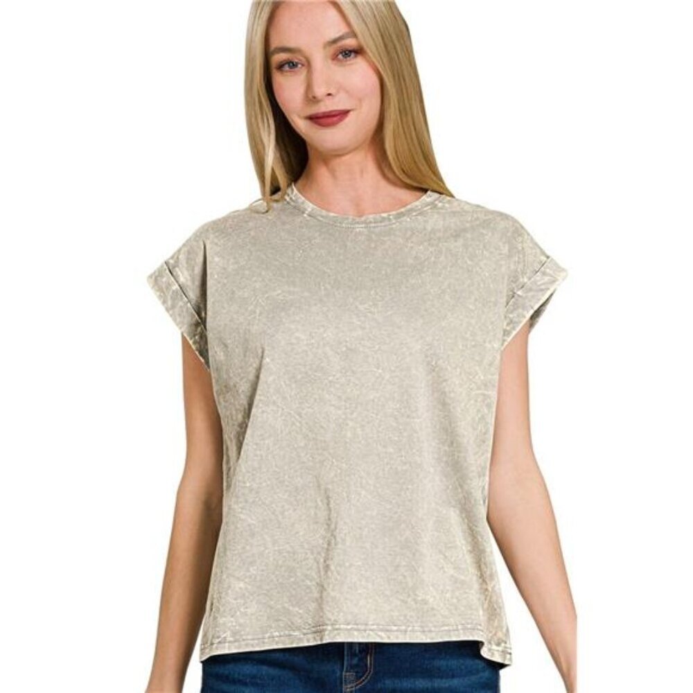 Zenana Crinkle Washed‎ Round Neck Folded Short Sleeve Tee